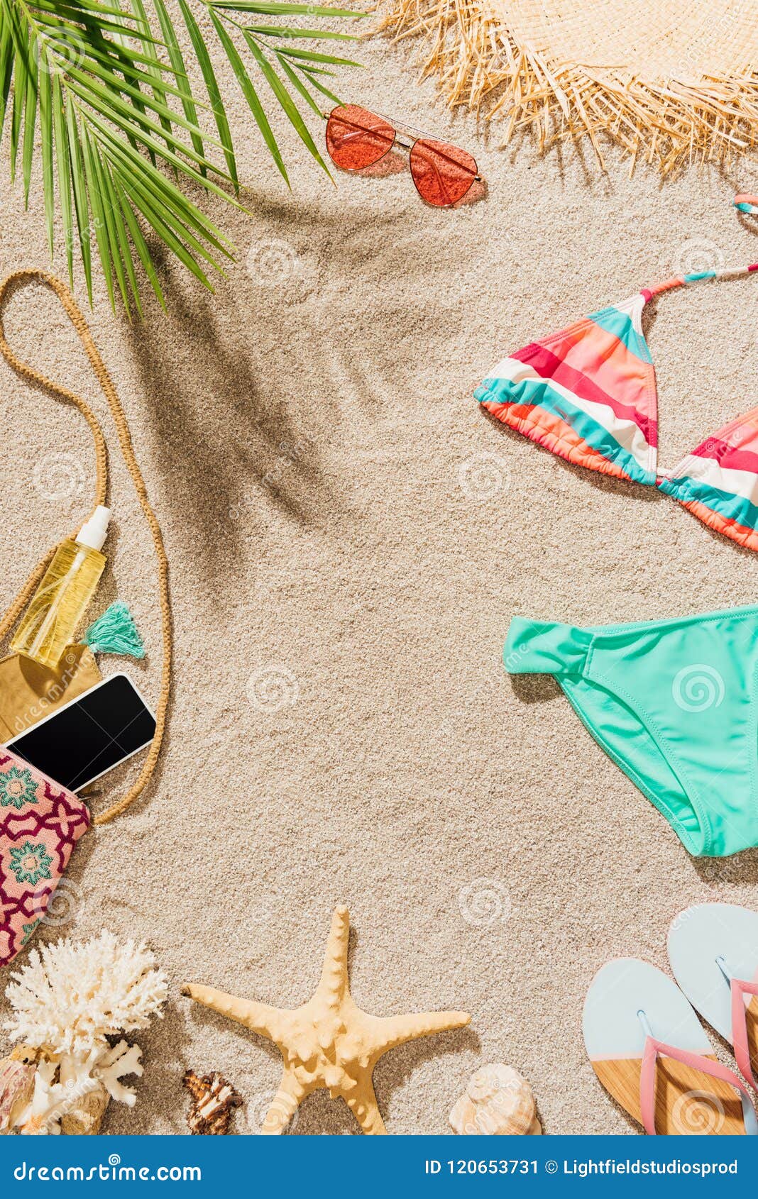 Top View of Bikini and Accessories Lying Stock Image Image of sandy