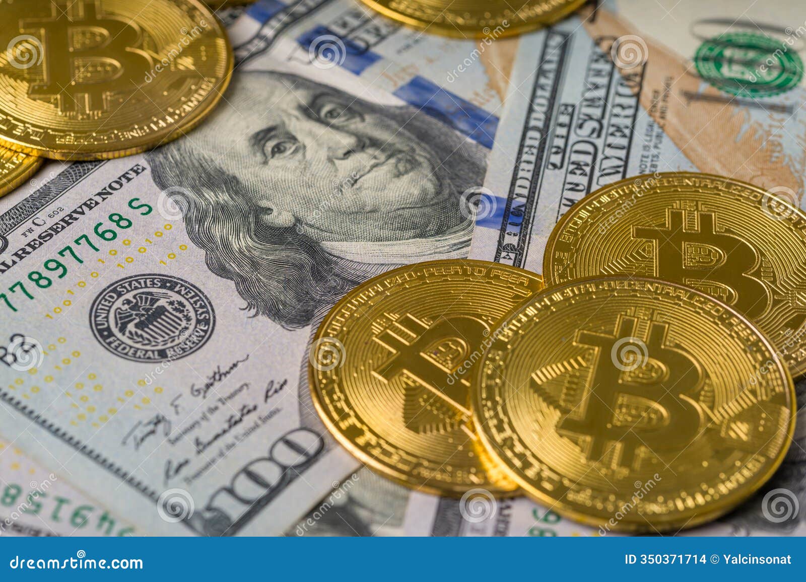 Top View of Bitcoin Coins Lying on Top of Hundred Dollar Bills Stock Photo  - Image of crypto, exchange: 350371714