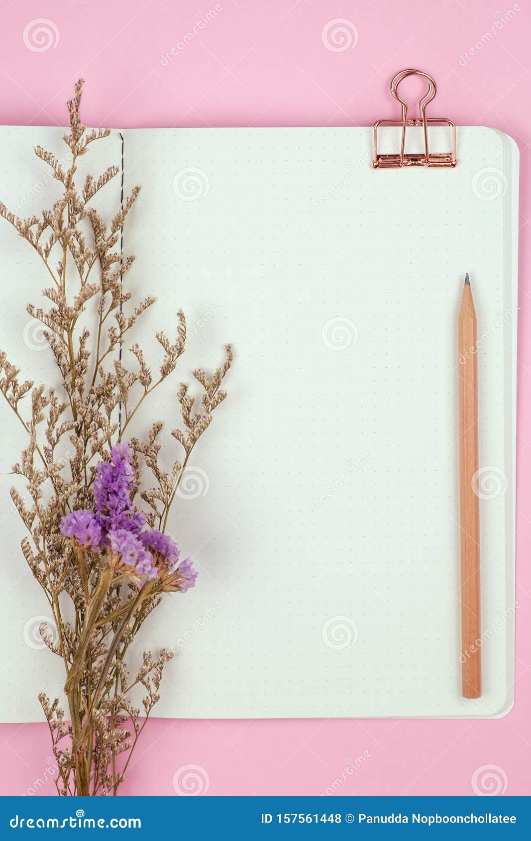 Top View of Blank Notebook with Stationery and Flower on Pink Background  Stock Photo - Image of caspia, decorate: 157561448