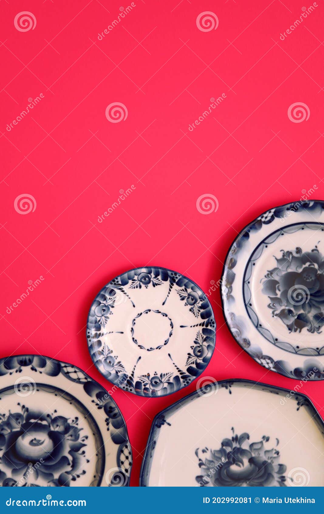 Top View of a Blue Plates on a Yellow Background. Gzhel Stock Image