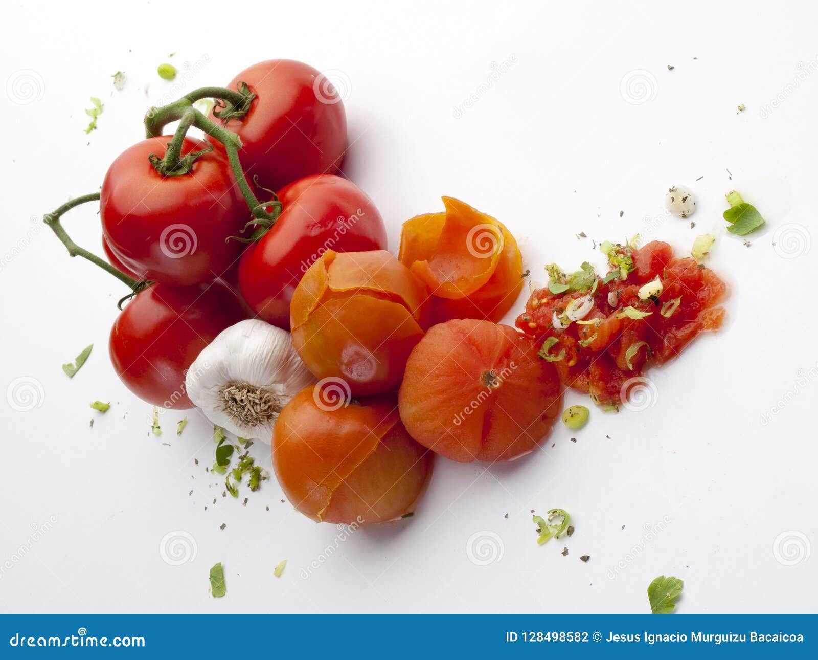 top view of branch tomatoes a head of garlic and chives