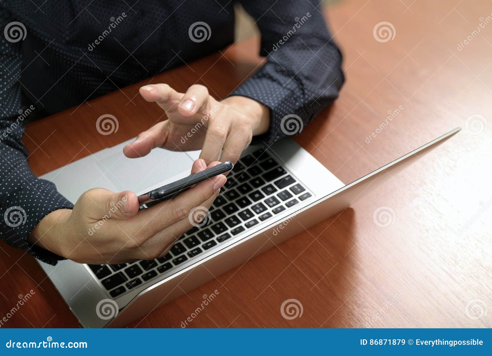 Top View Business Man Hand Using Smart Phone Laptop Online Bank
