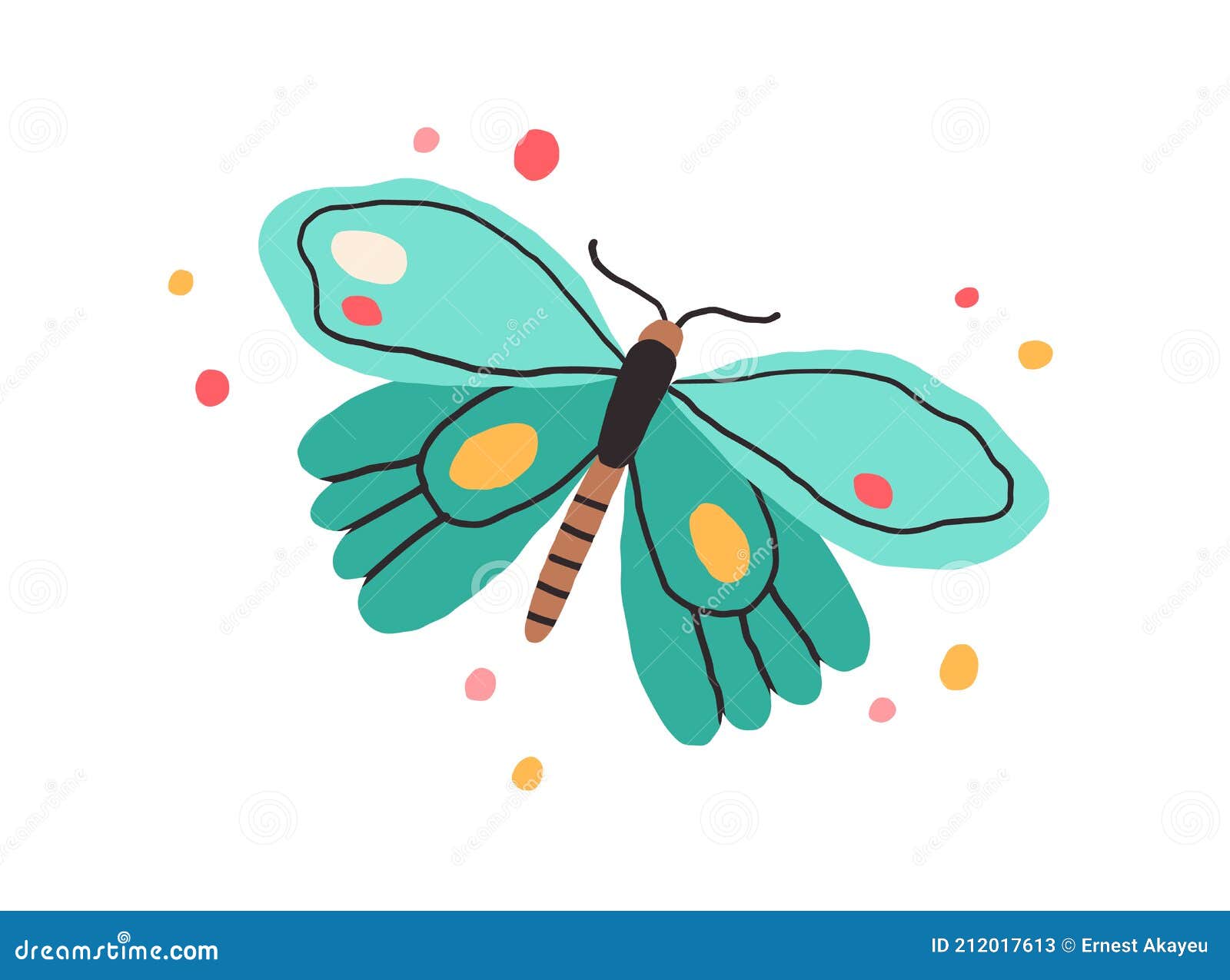 top view of butterfly with bright spotty wings. exotic flying insect in doodle style. colored flat  