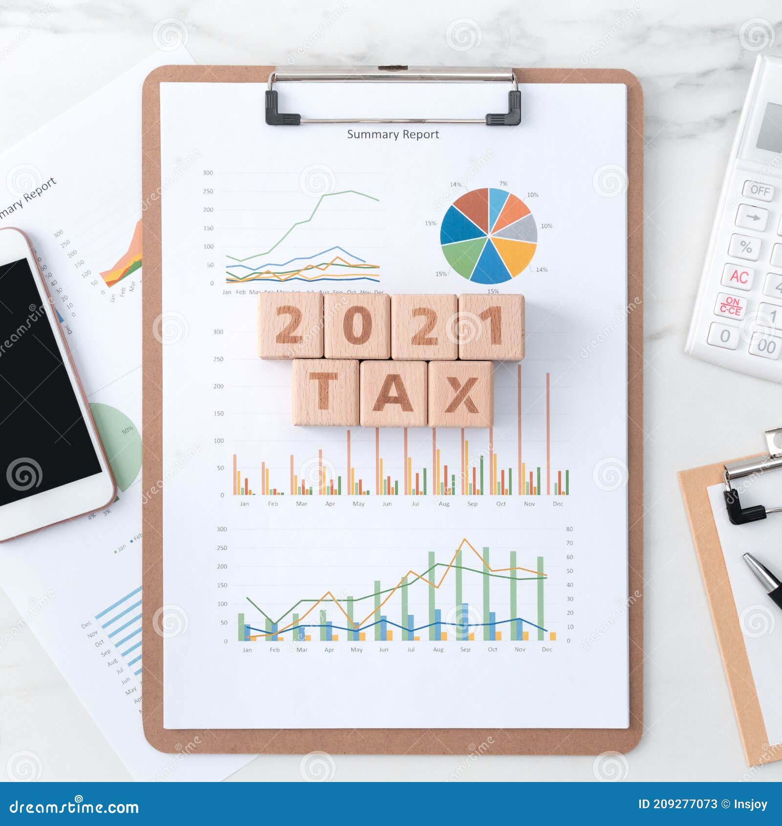 top view of calculating and paying tax with smart phone