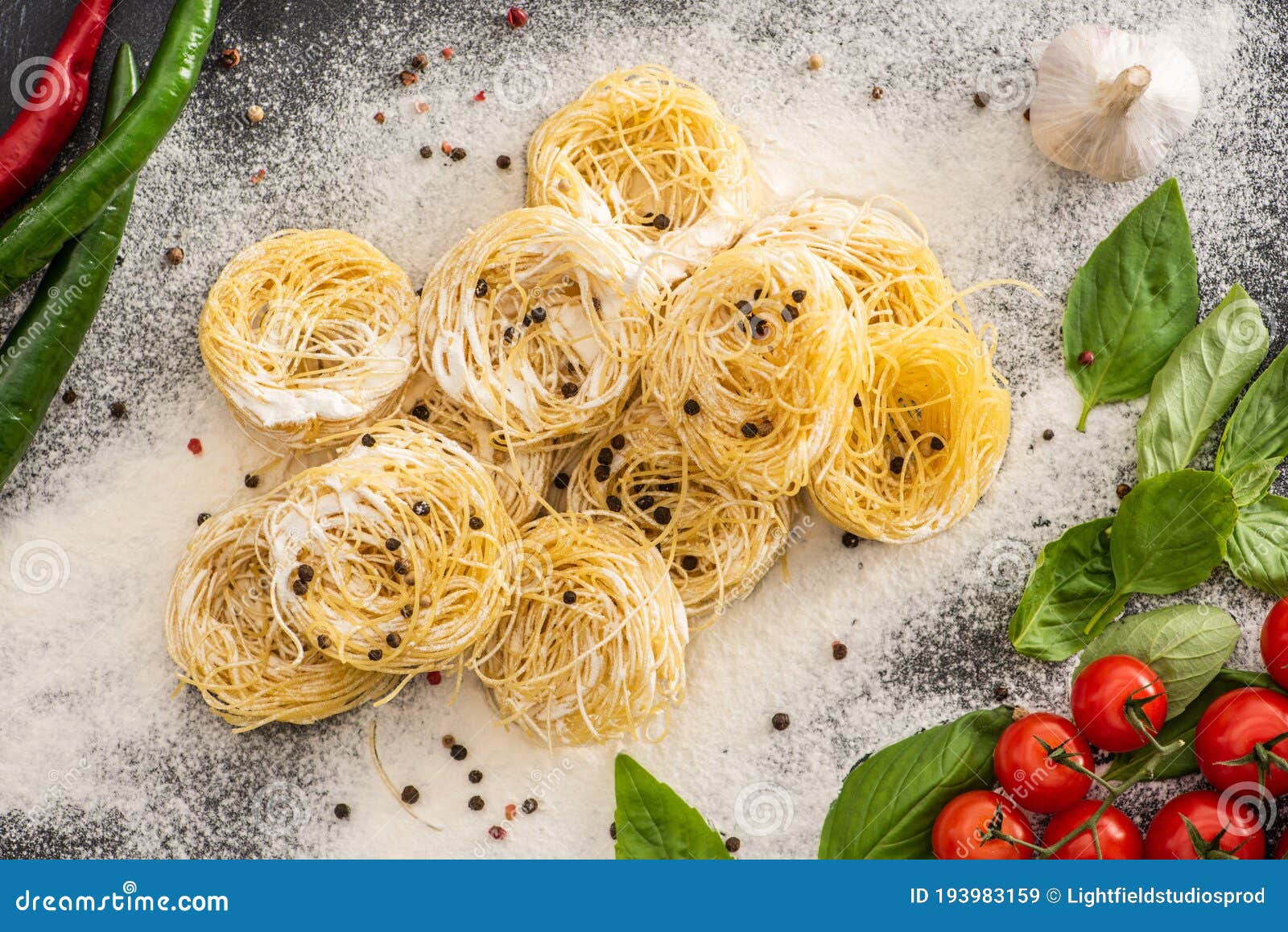 Top View of Capellini Pasta with Stock Image Image of homemade, basil