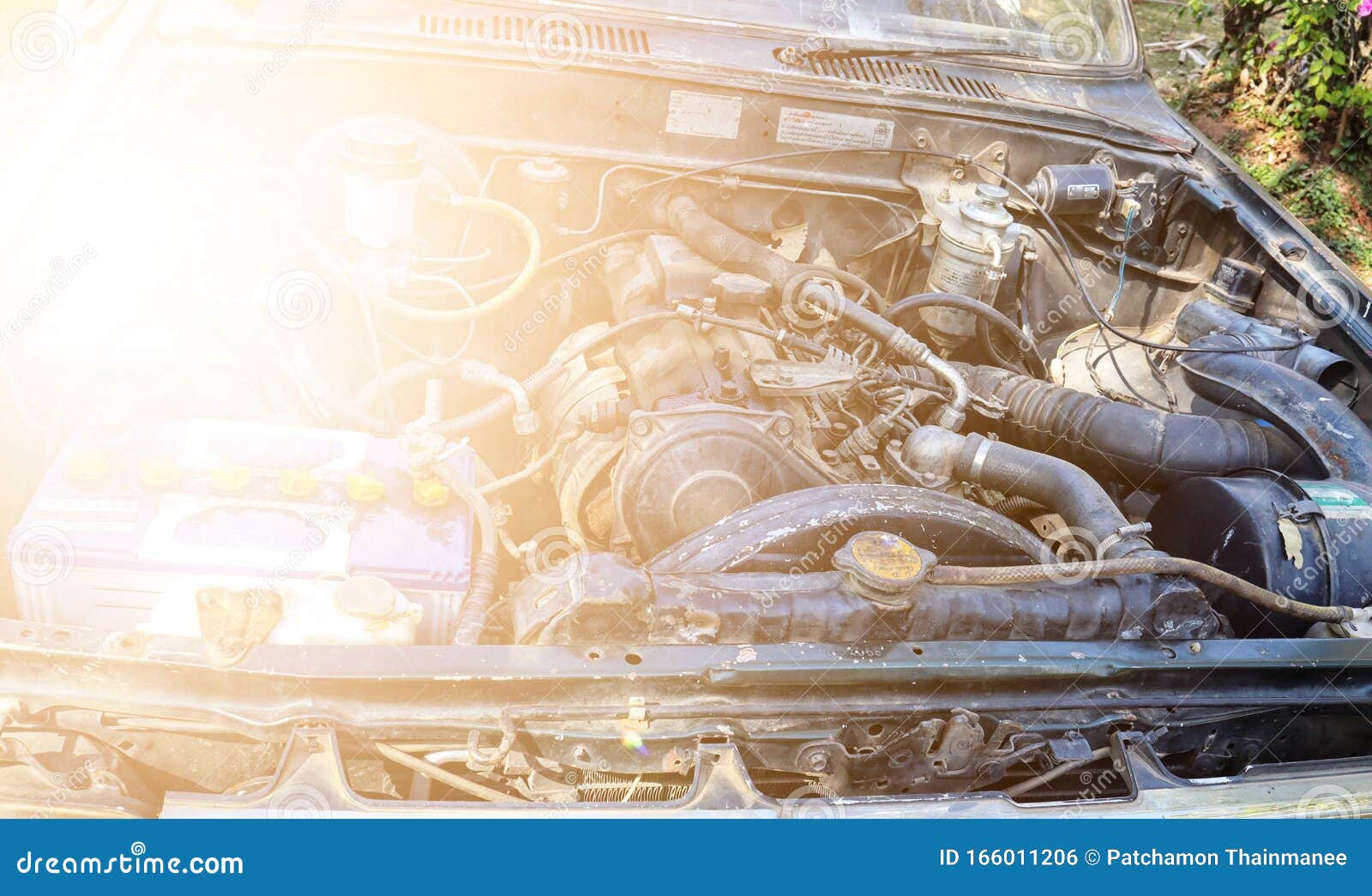 Old Car Engine Hood Blue Green Used Paint Worn By Time And Sun