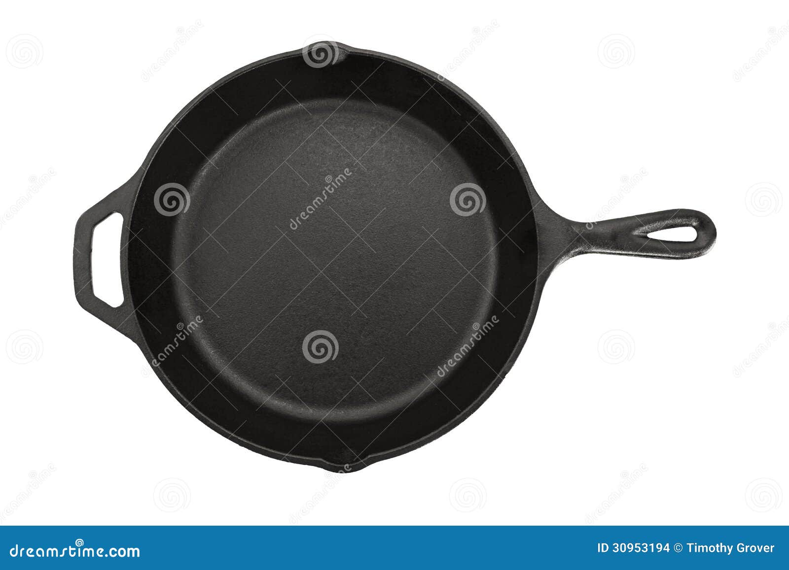 top view of cast iron pan on white