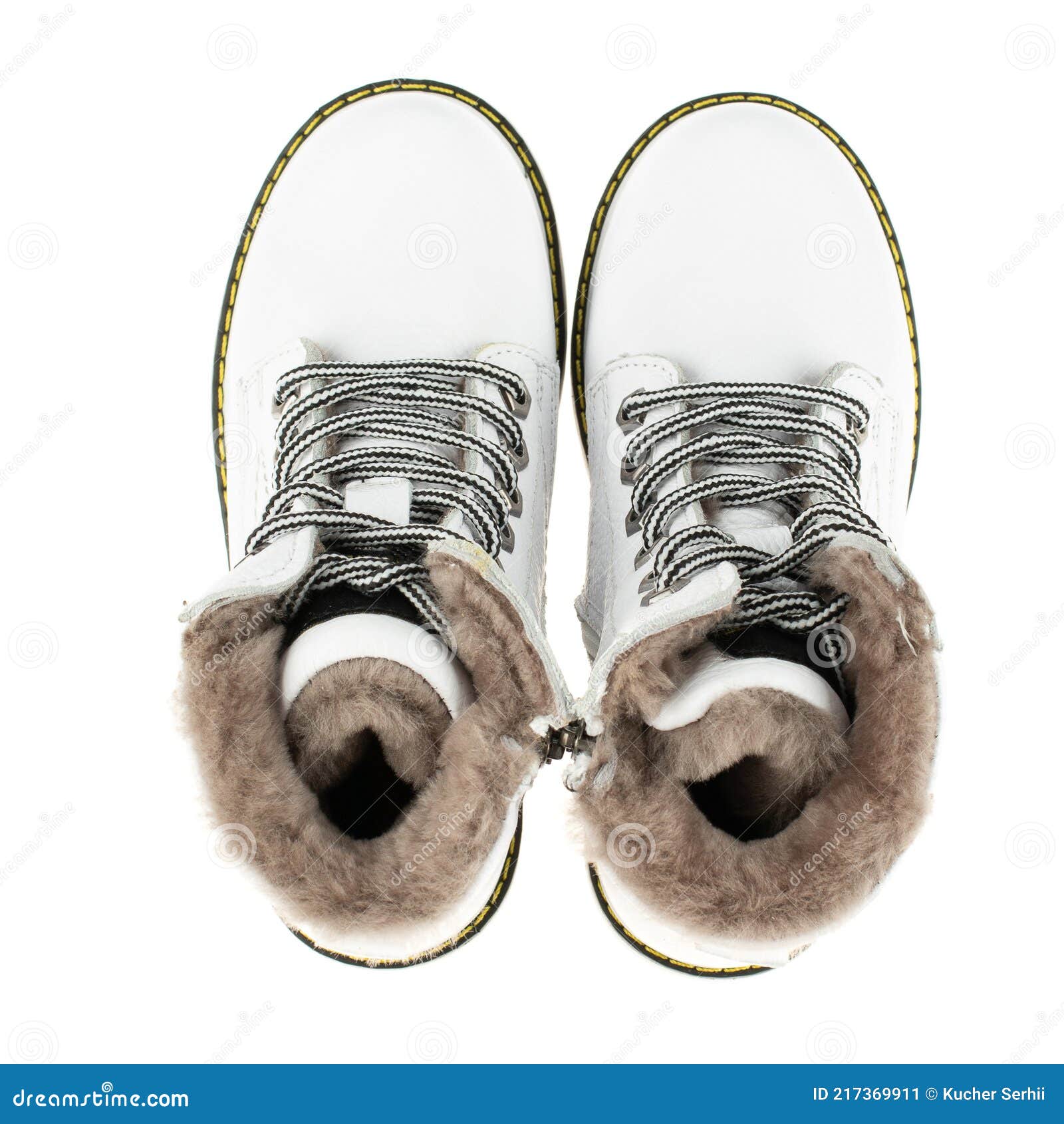 Top View of Casual Women S Warm White Boots with Fur on a White ...