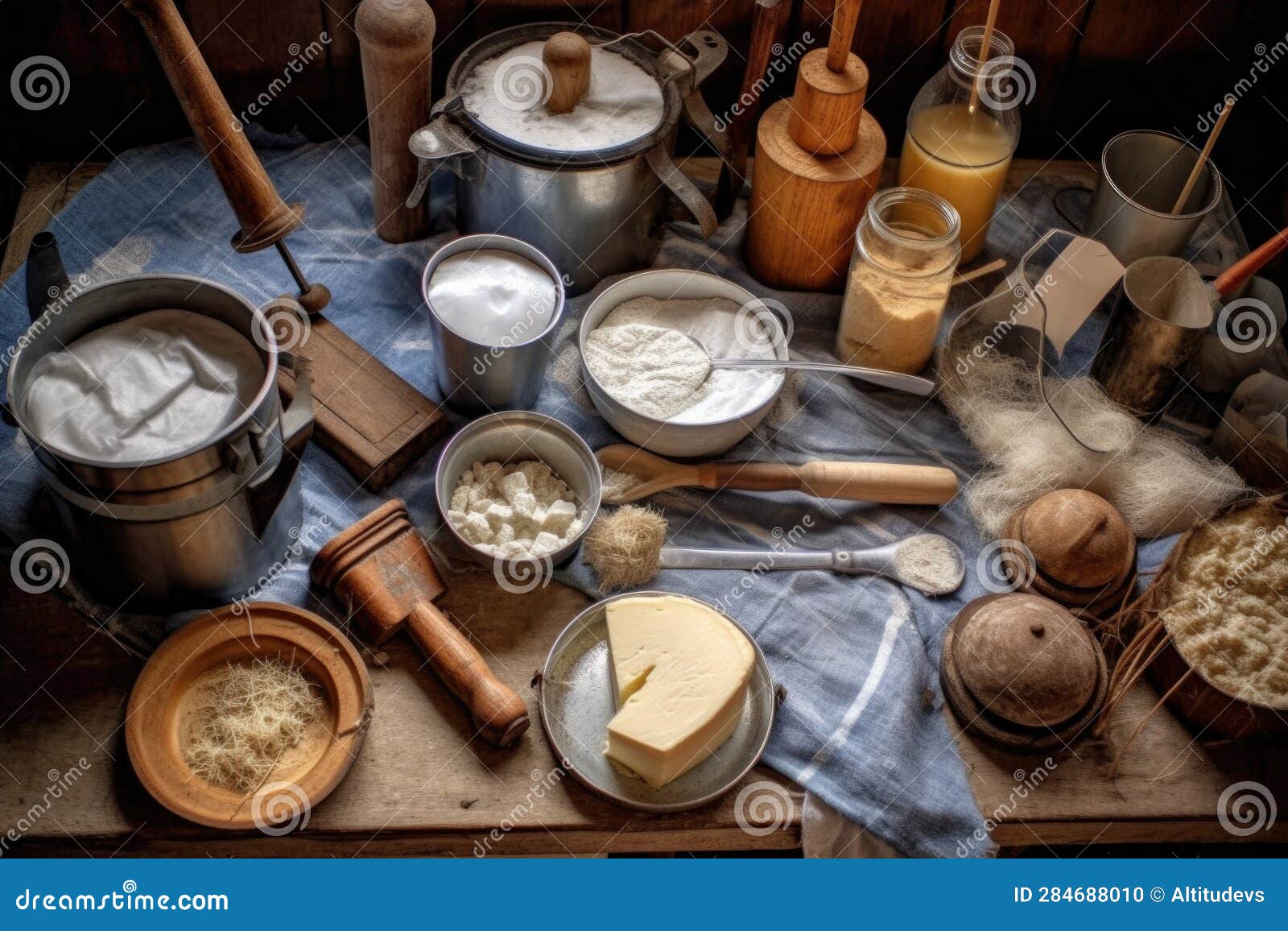 Top View of Cheesemaking Equipment and Utensils Stock Illustration
