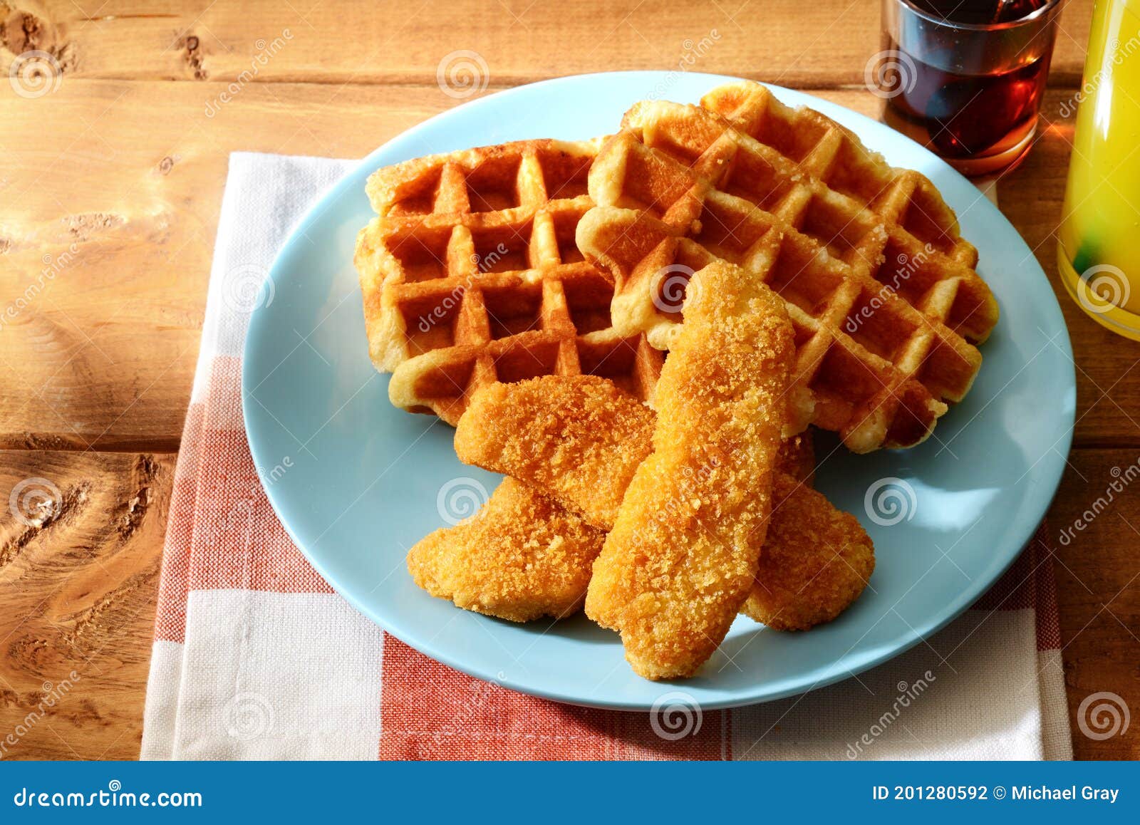 Top View Of Chicken Tenders And Waffles Stock Photo Image Of Background Crispy