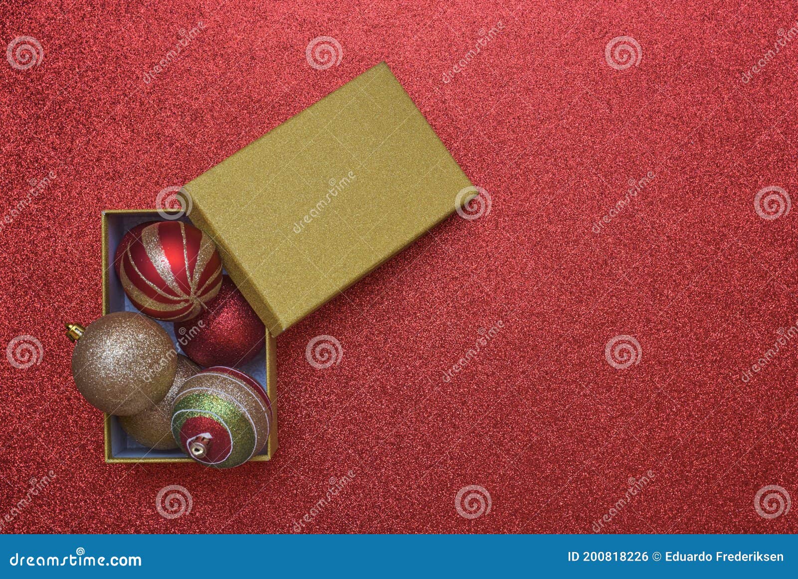 Top View of Christmas Gift Box with Christmas Balls Inside with Copy