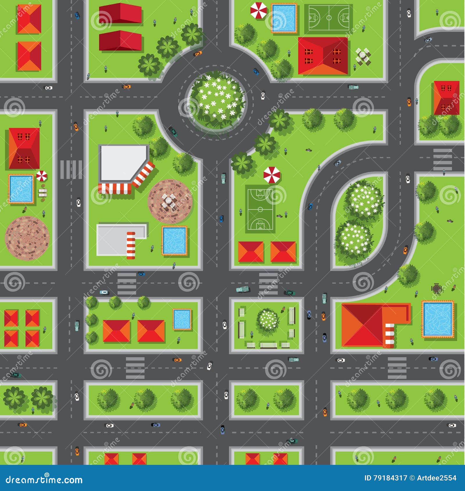top view of the city of streets, roads, houses, treetop, 
