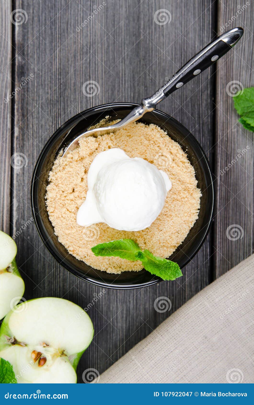 Top View Close Up Apple Crumble Dessert with Vanilla Ice Cream, Green ...