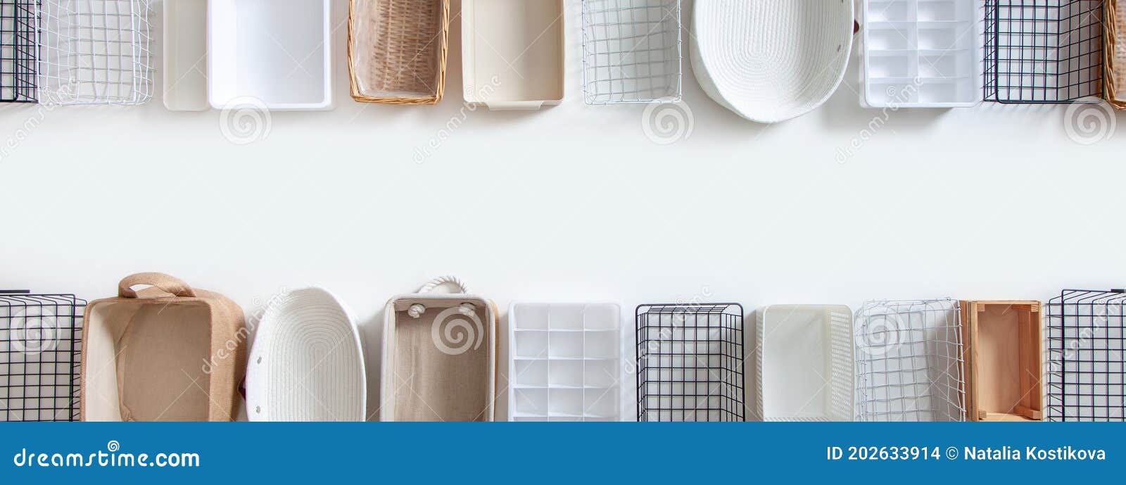 Top View of Closet Organization Boxes and Steel Wire Baskets in Different  Shapes. Stock Photo - Image of clothes, open: 202633914