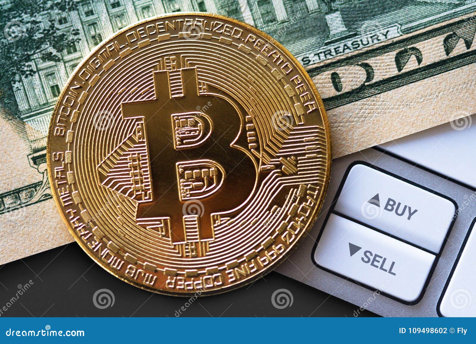 Bitcoin Coin On Dollar Bill With Buttons Stock Photo ...