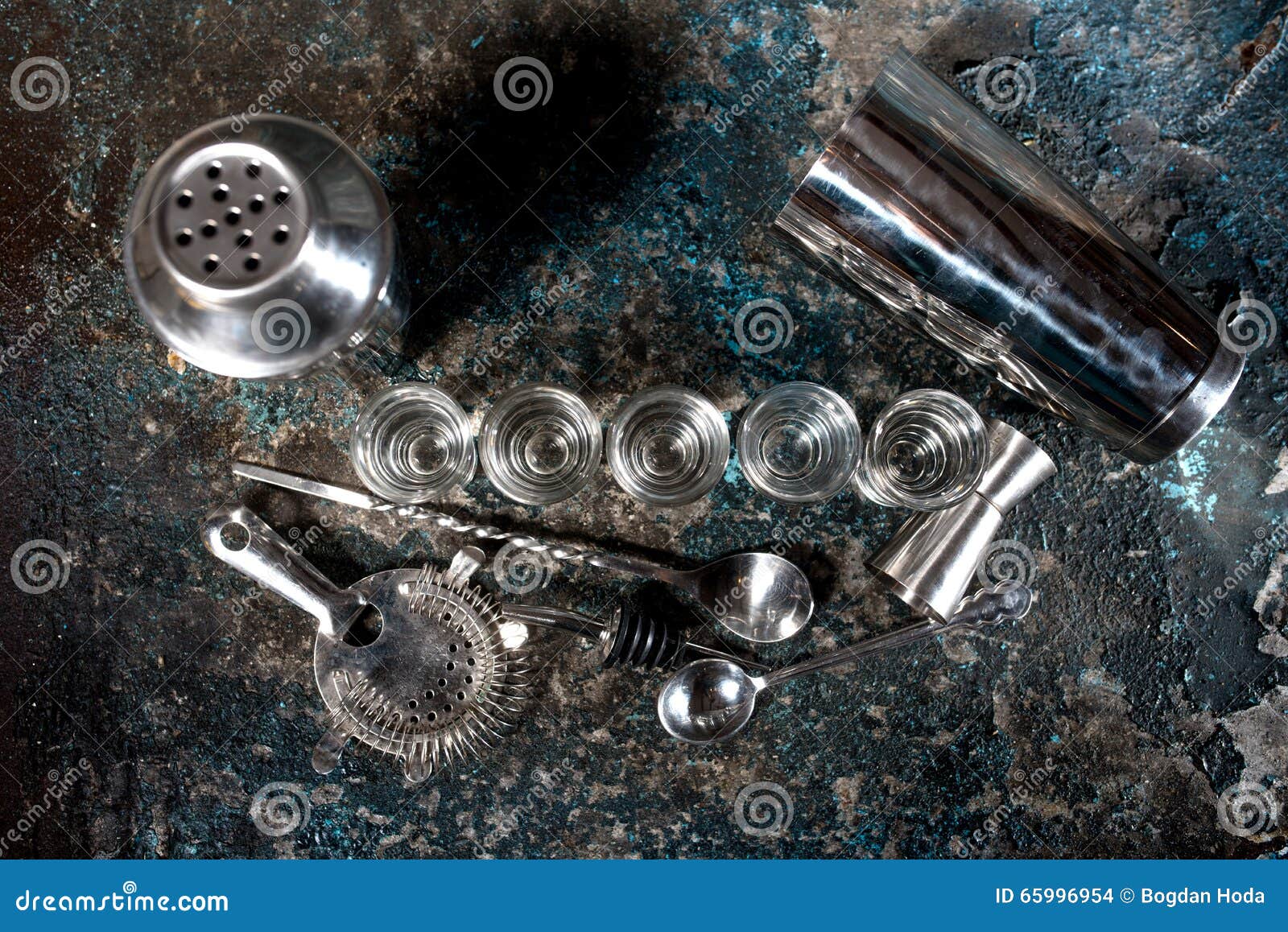 Topview of Cocktail Drinks on Bar Counter. Alcoholic Shots of Gin and