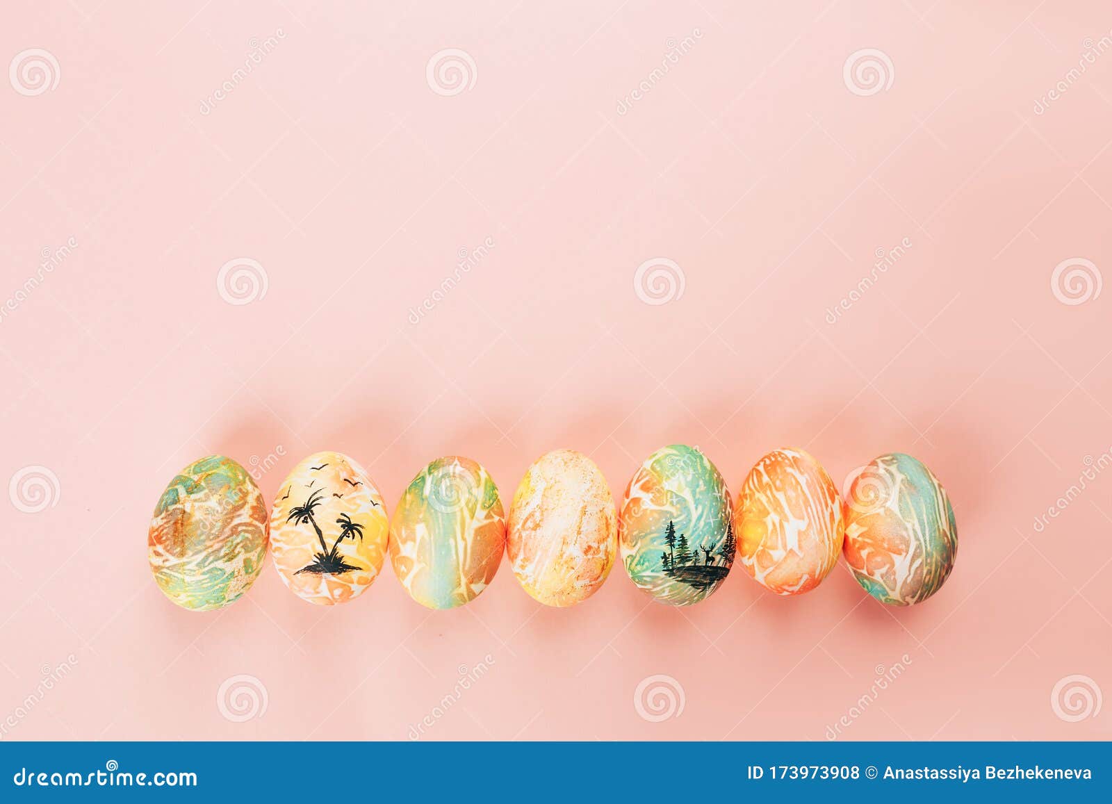 Top View of Color Easter Eggs Differen Patterns. Line of Eggs on Yellow