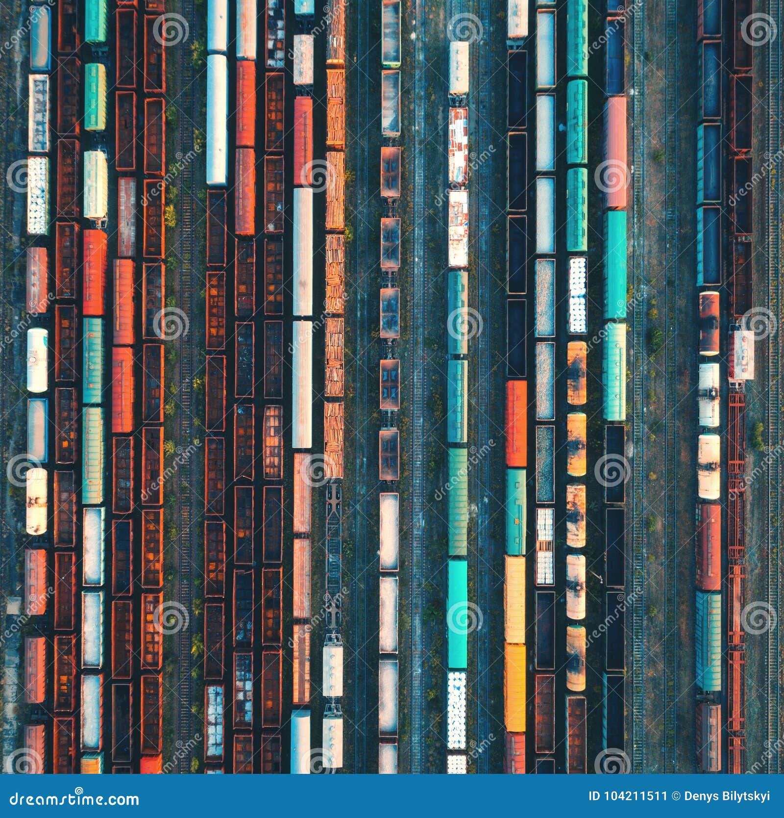 top view of colorful cargo trains. aerial view