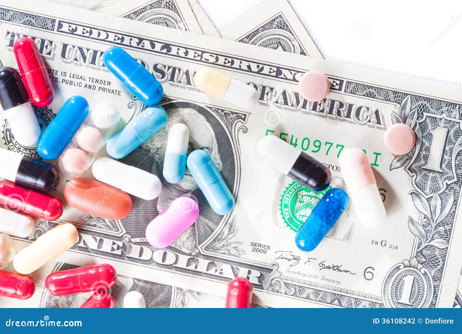 Top of View of Colorful Pills on American Dollar Stock Photo Image of