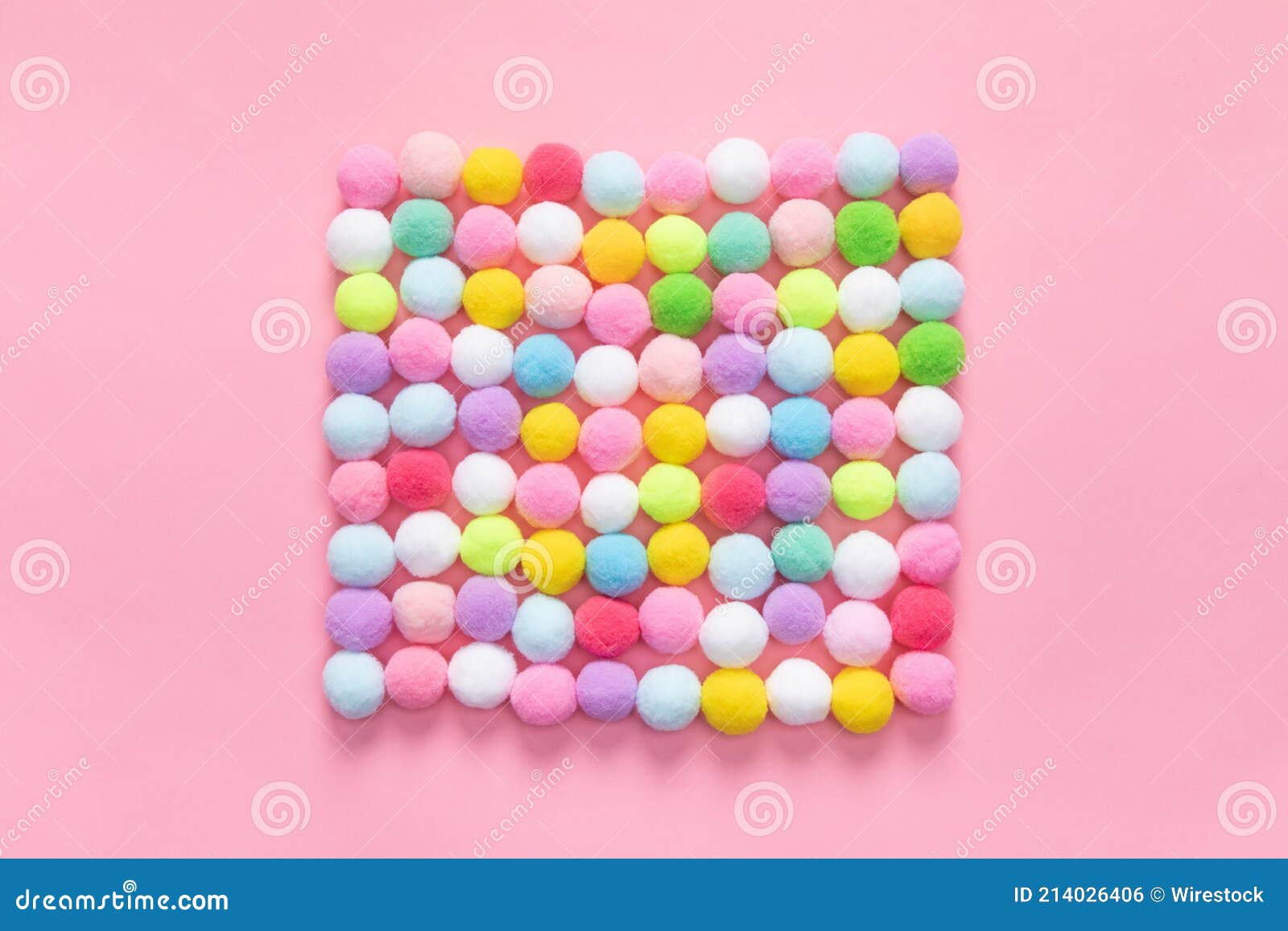 Top View of Colorful Pom Pom Balls Forming a Square Shape on Pink  Background Stock Photo - Image of object, objects: 214026406
