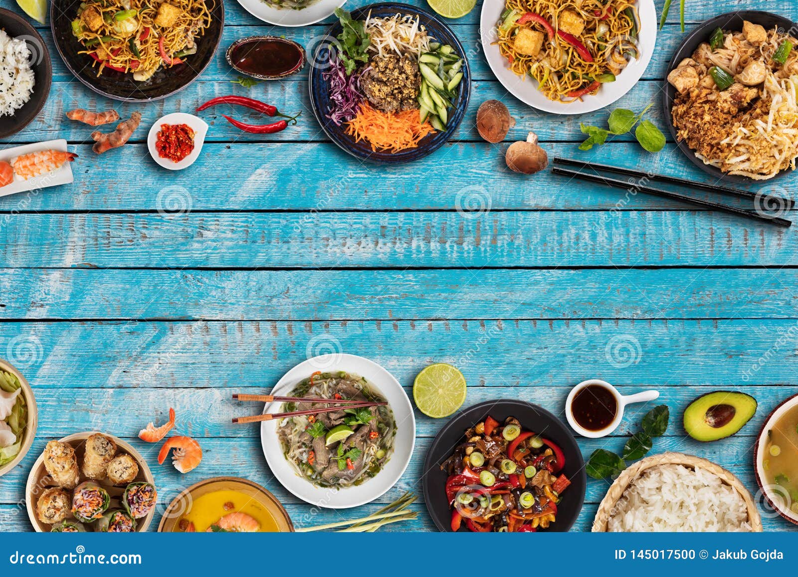 Top View Composition of Various Asian Food in Bowls Stock Photo Image