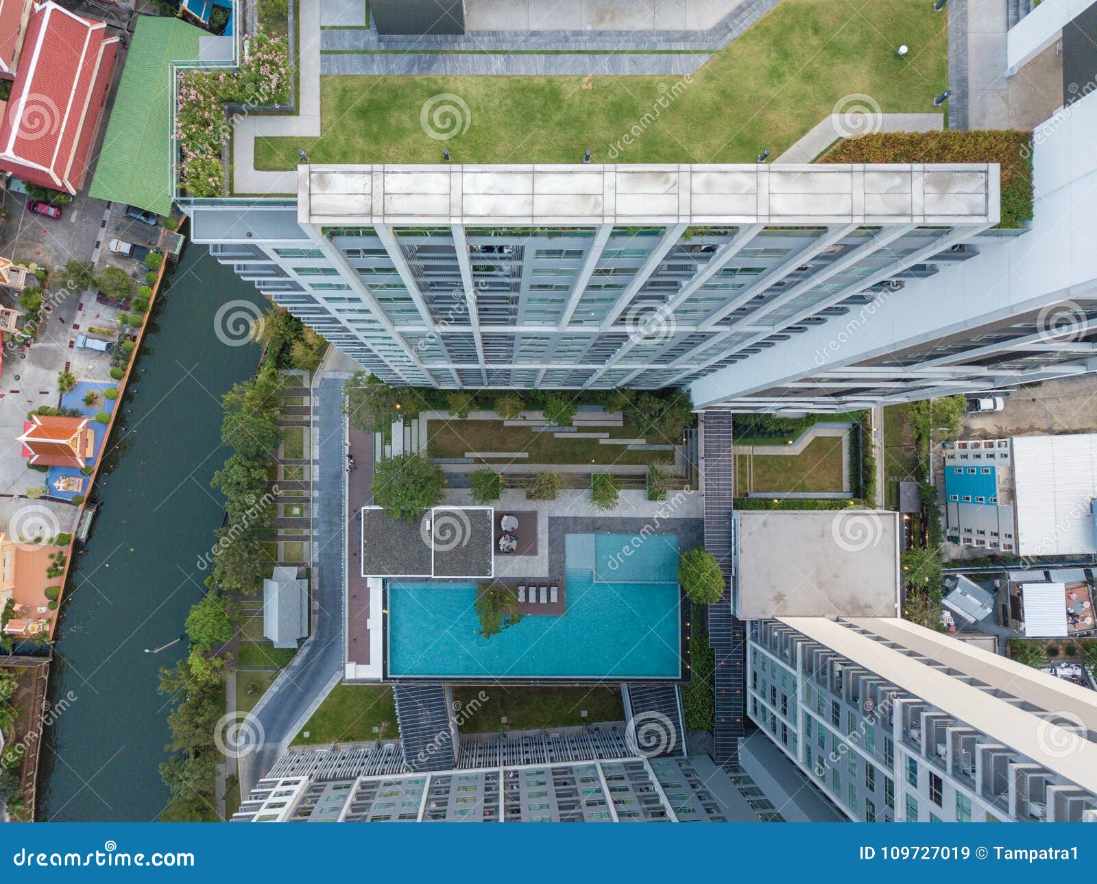 Top View of a Condominium with Swimming Pool and Garden Stock Image