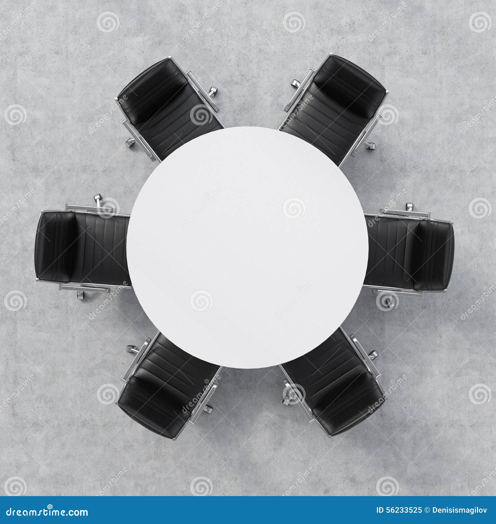 top view of a conference room. a white round table and six chairs around. office interior. 3d rendering.