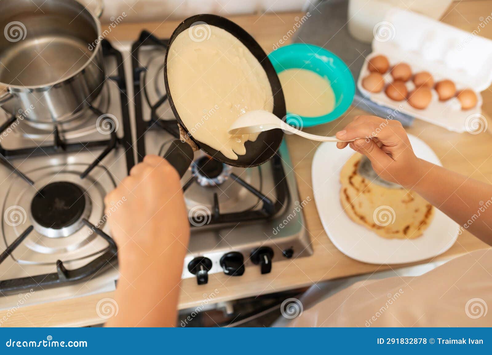 Top View, Cooking Process of Pancakes on a Griddle Stock Photo Image