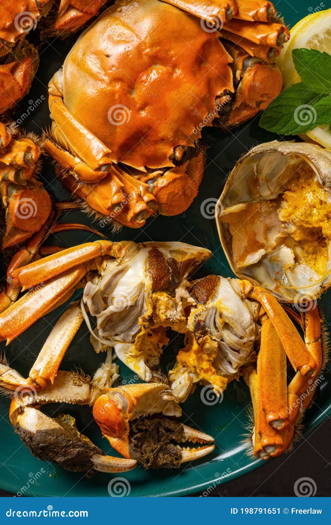 Crabs with One Opened Showing the Crab Roe and Meat Stock Image Image