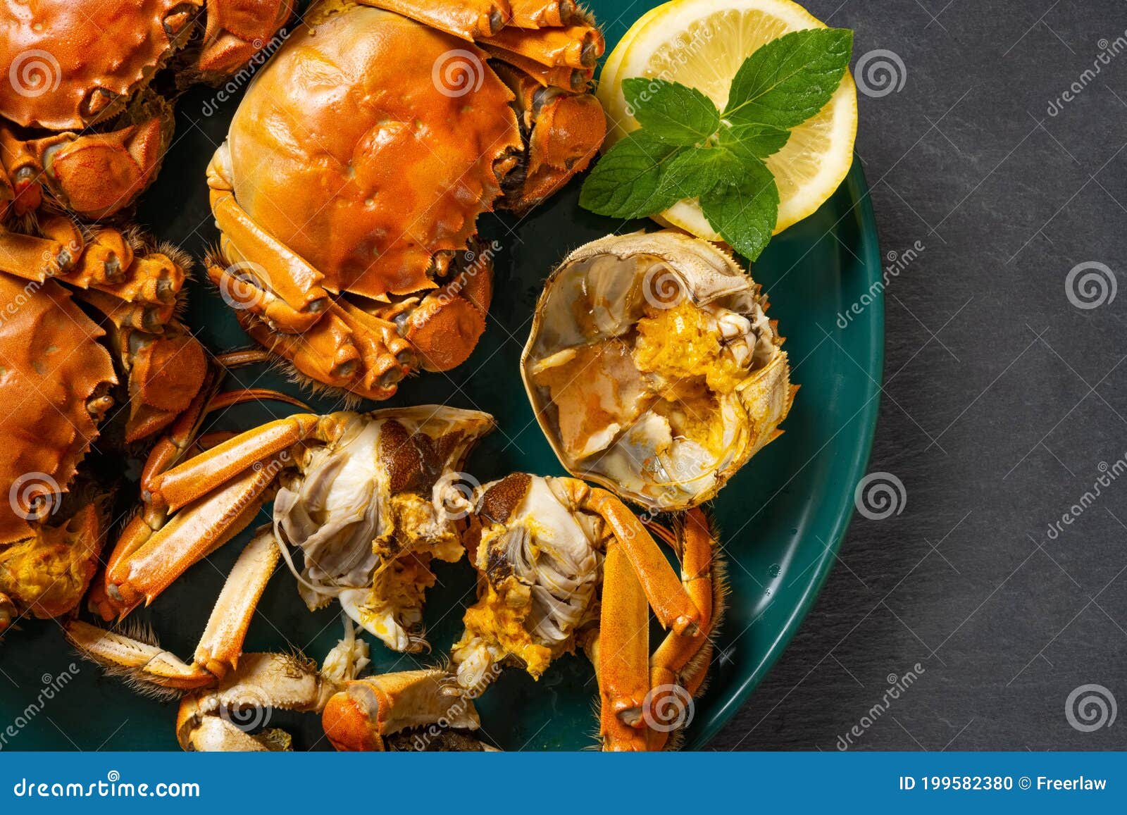 Crabs with One Opened Showing the Crab Roe and Meat Horizontal Composition Stock Photo Image