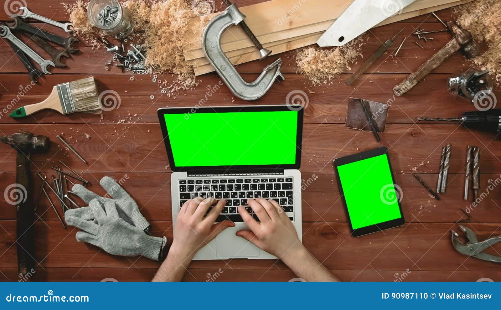 Top View Craftsman Hands Working At Laptop Computer And Digital