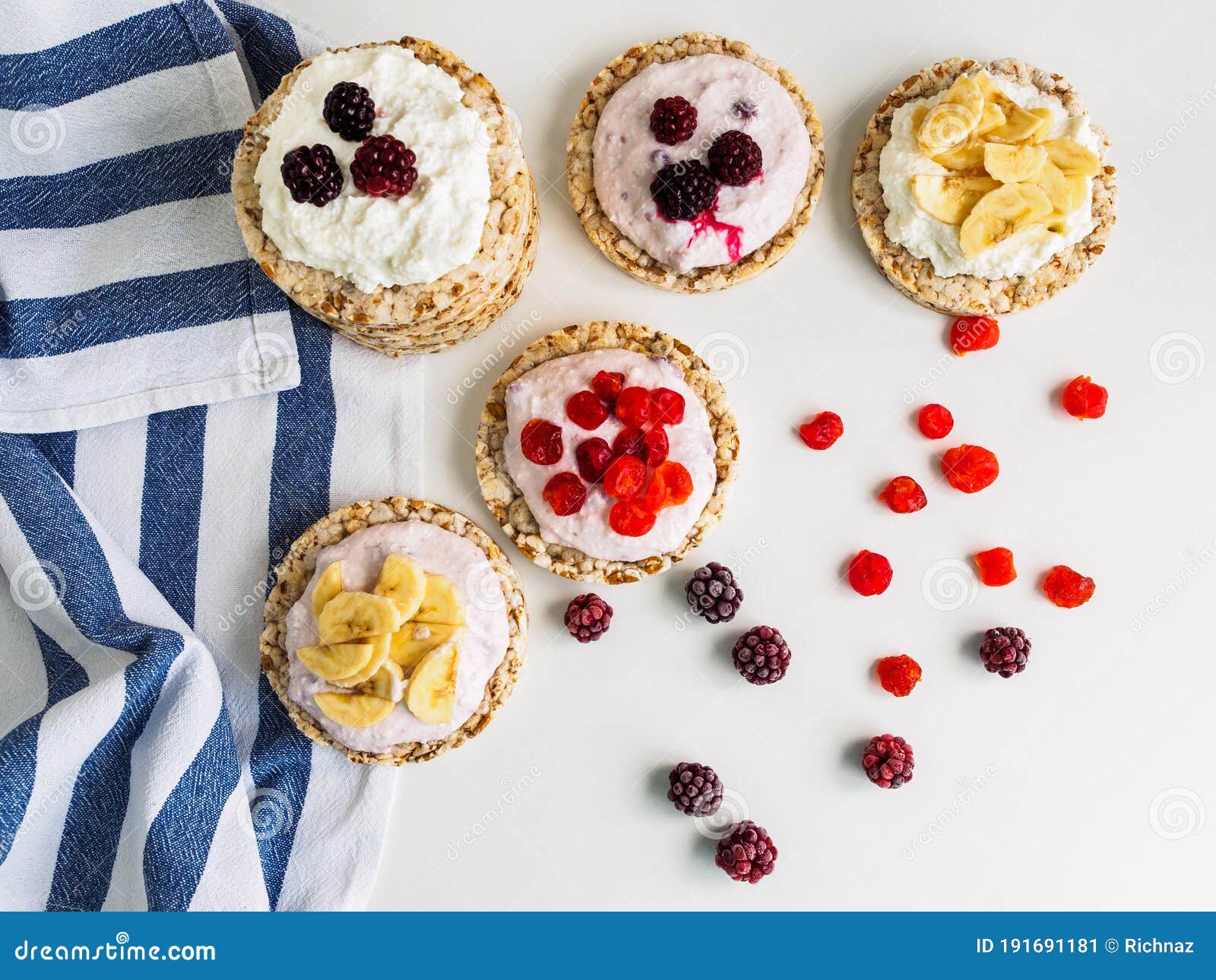 Top View of Crispbread, Cottage Cheese and Fruit Dessert Stock Image
