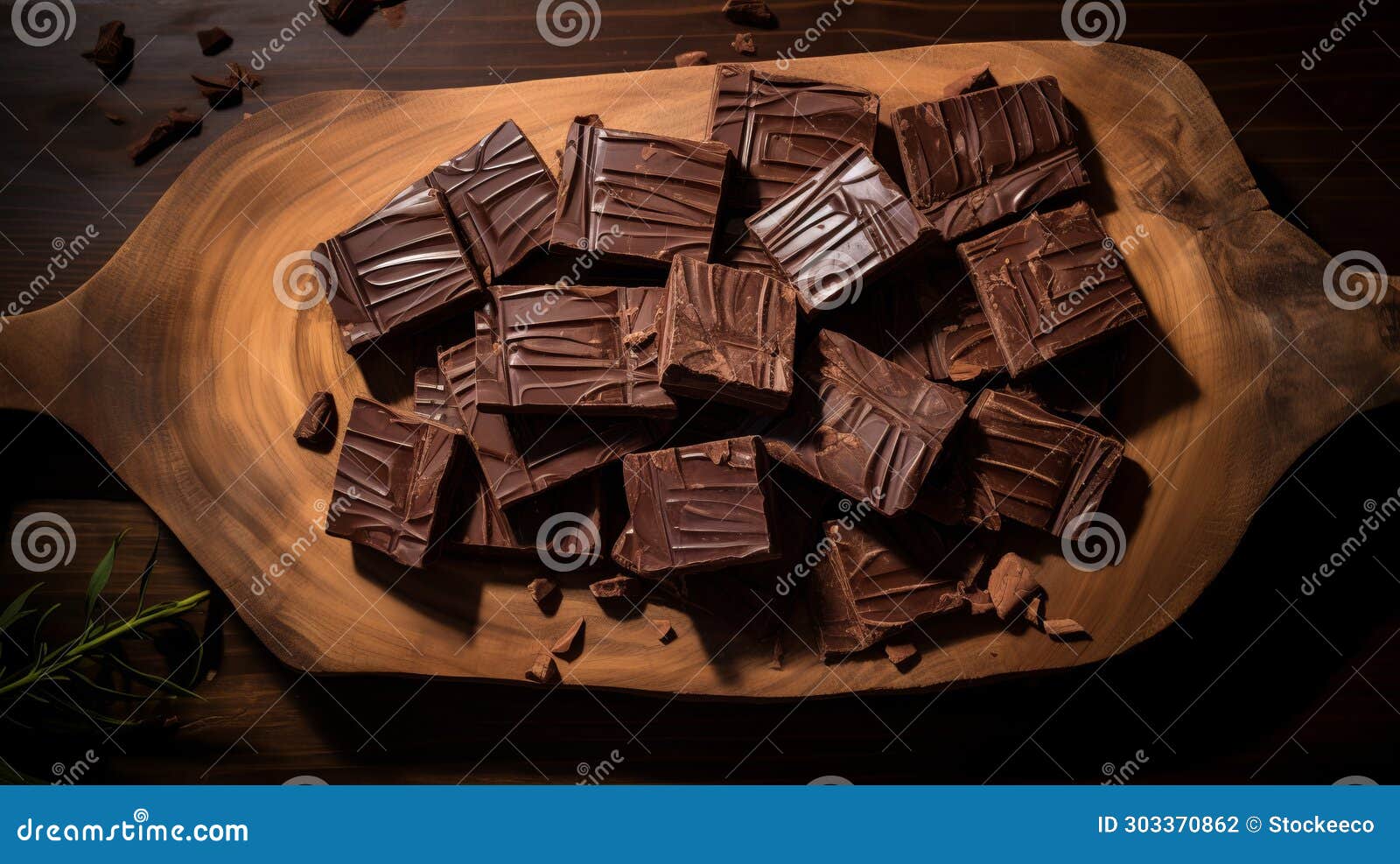 top view of dark chocolate slices on wooden tray