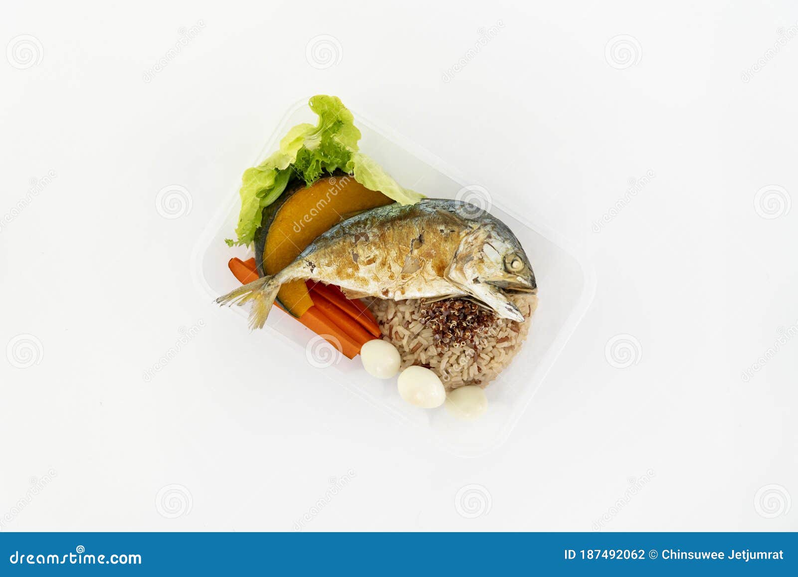 Top View of Deep Fried Mackerel with Rice and Boiled Vegetables in a