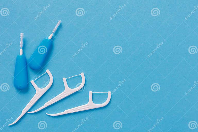 Top view of dental toothpicks on blue background stock image image of