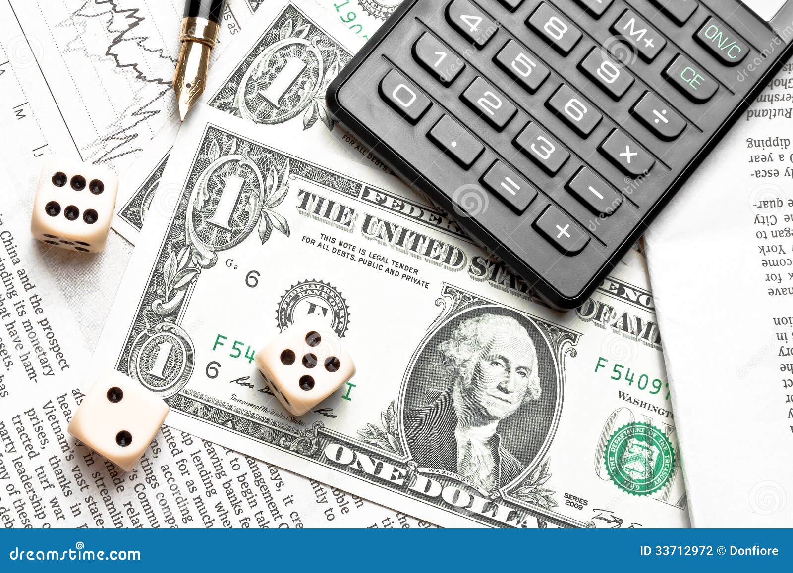 Top of View of Dice on Financial Chart Near Dollars and Calculator