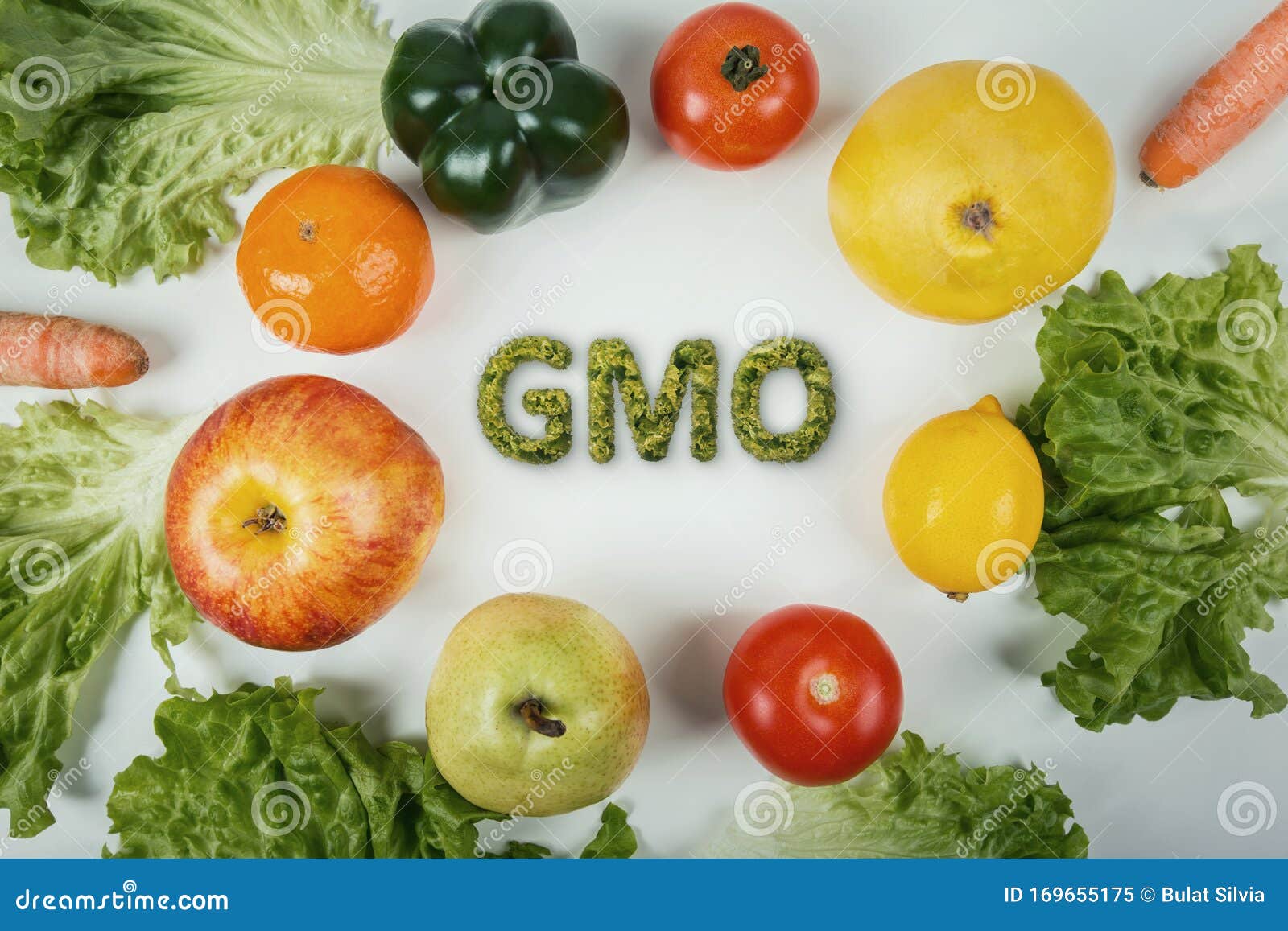 top view different gmo fruits and vegetables arranged on the table. non organic food dangerous nutrition for human health. fresh
