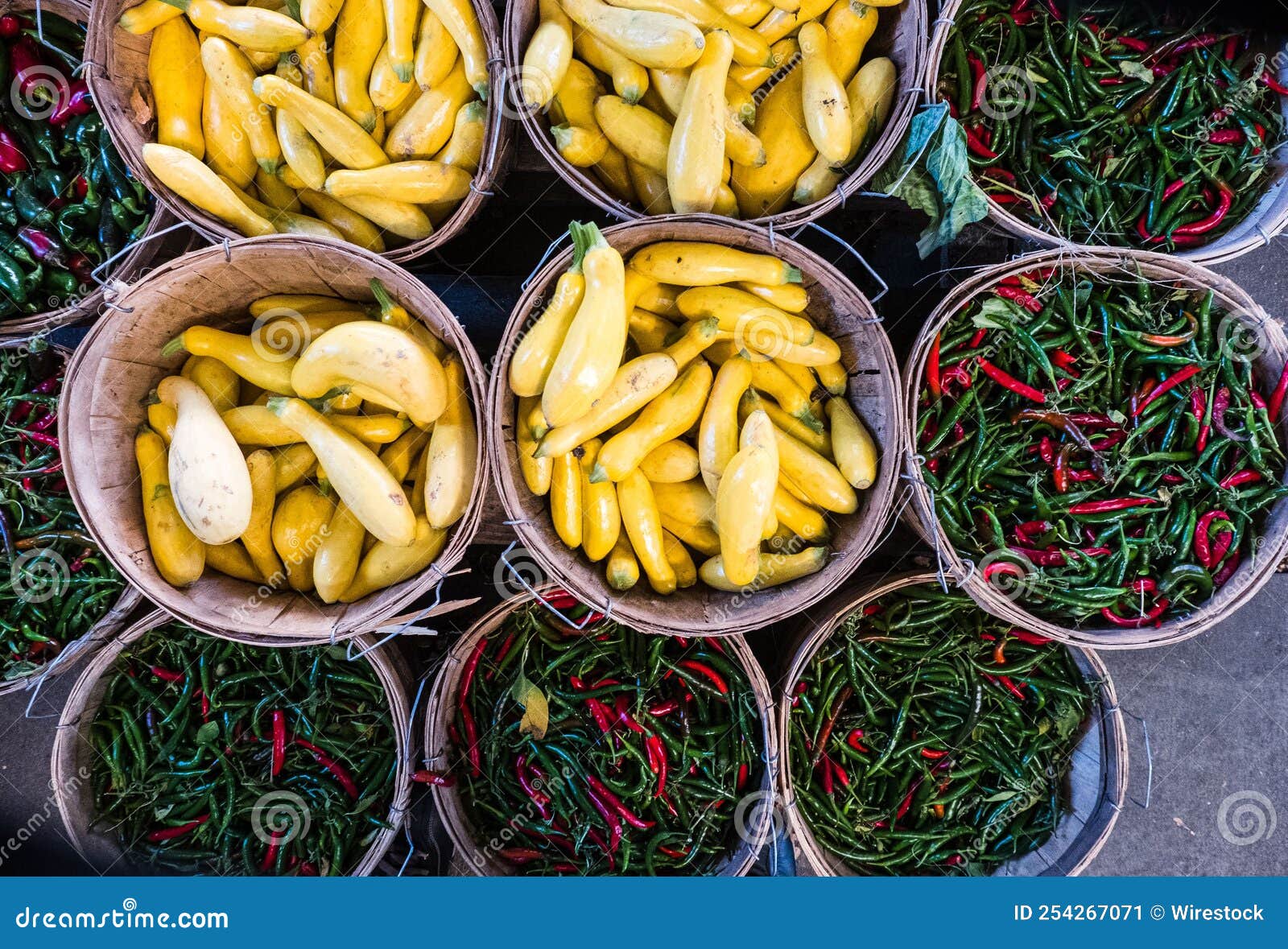 Top View of Different Peppers and Zucchini in Buckets Stock Image