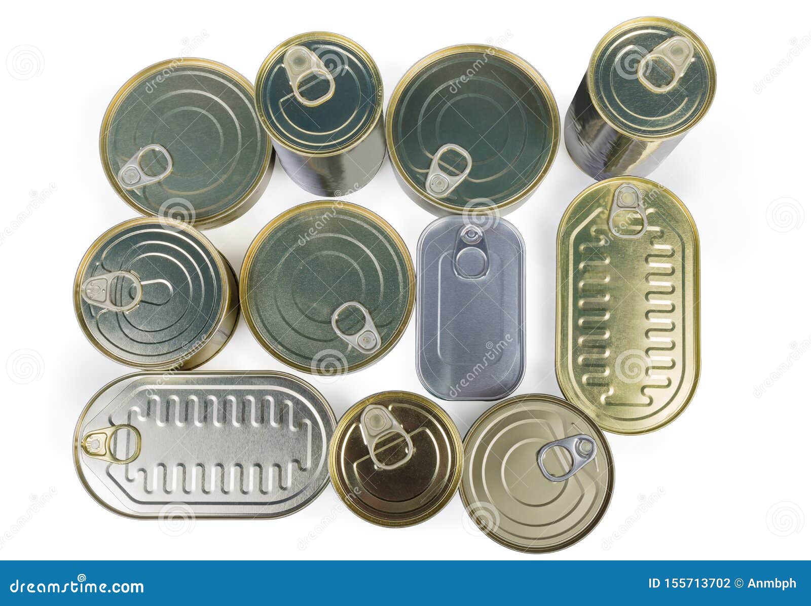 Top View of Different Sealed Tin Cans of Canned Fish Stock Photo