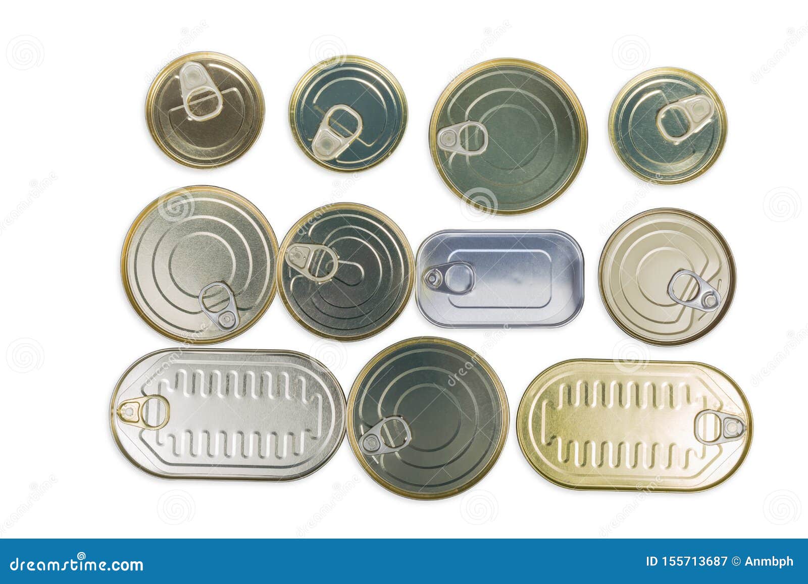 Top View of Different Sealed Tin Cans of Canned Fish Stock Image