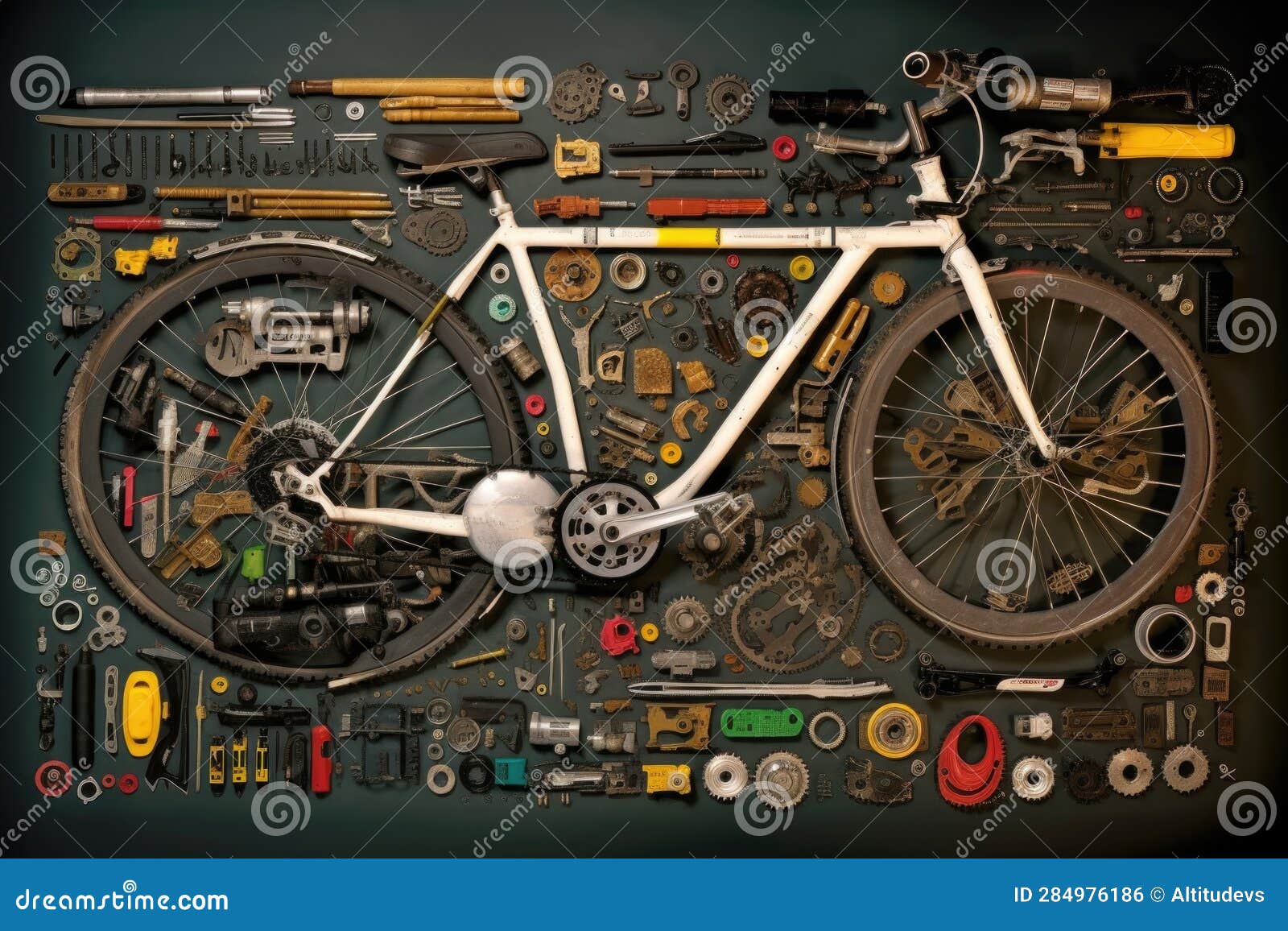 top view of disassembled bike parts arranged neatly