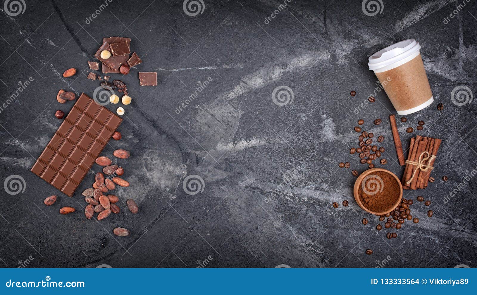 Download Top View Of Disposable Take Out Mockup Cup With Spices And Chocolate Bars With Cocoa Beans And Hazelnuts Stock Photo Image Of Bean Broken 133333564