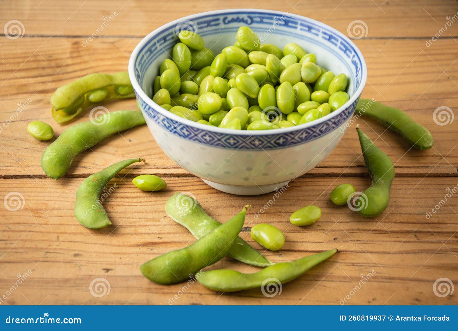 Top View of Edamame Beans in Blue Chinese Bowl, on Wooden Table Stock ...