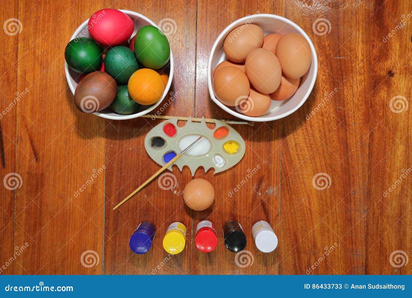 Top View of Eggs with Paintbrush and Palette during Prepare for Easter