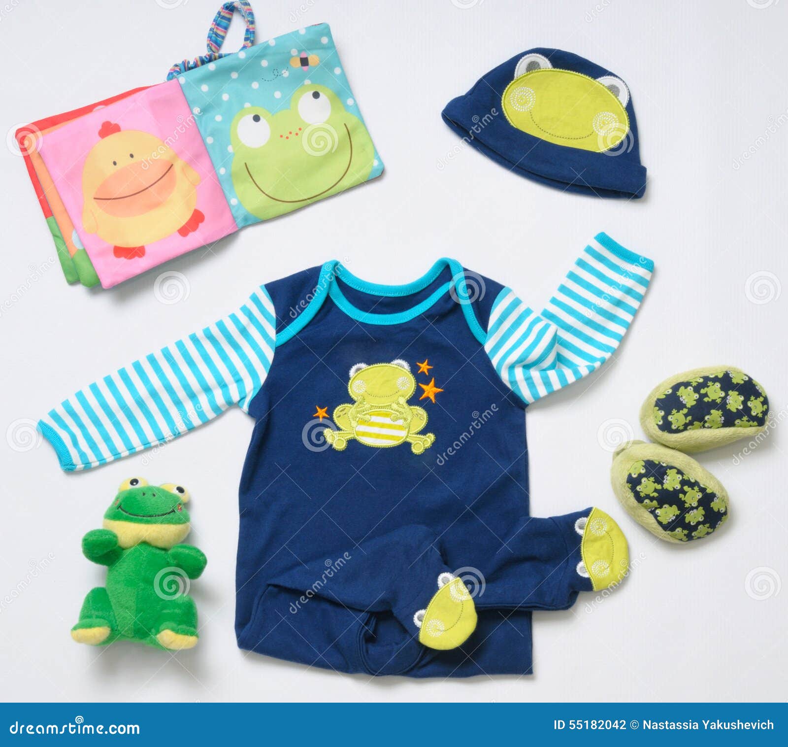 https://thumbs.dreamstime.com/z/top-view-fashion-trendy-look-baby-boy-clothes-funny-frog-toy-stuff-concept-55182042.jpg