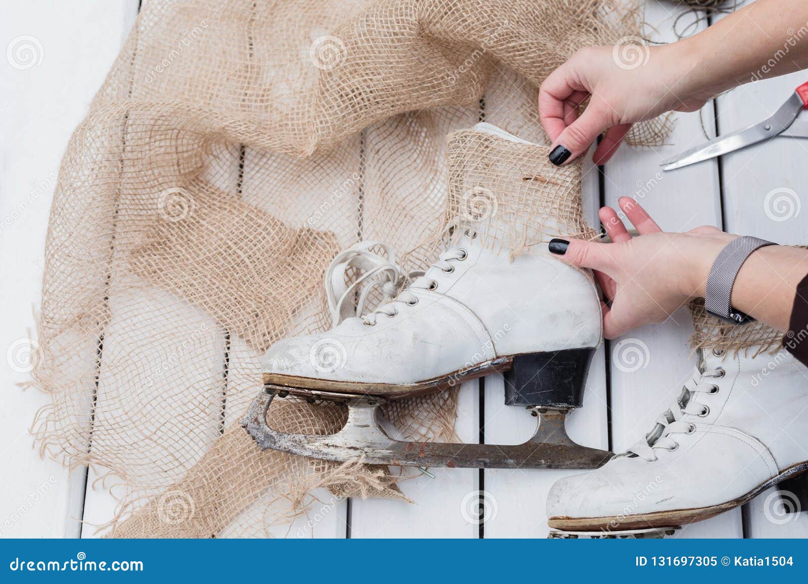 Top View of Female Hands Making Christmas Decoration of Old Vintage Ice ...