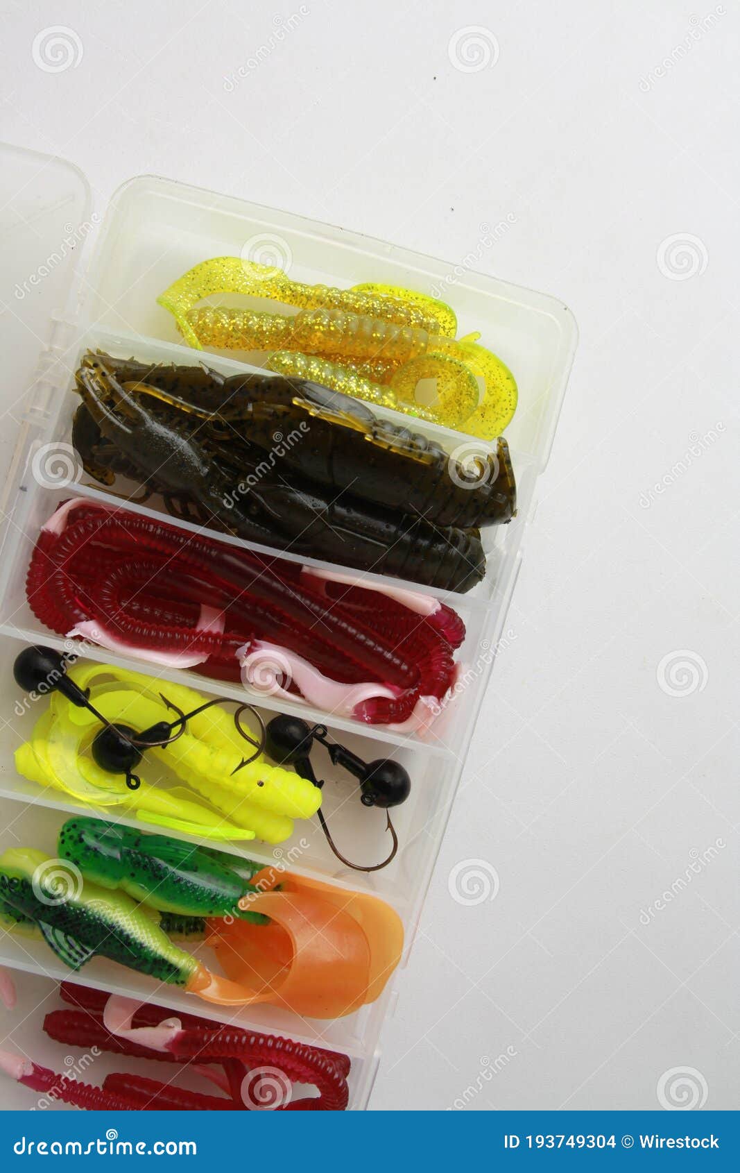 Top View of Fishing Lure Sets in a Plastic Box on a White Background Stock  Photo - Image of bait, pole: 193749304