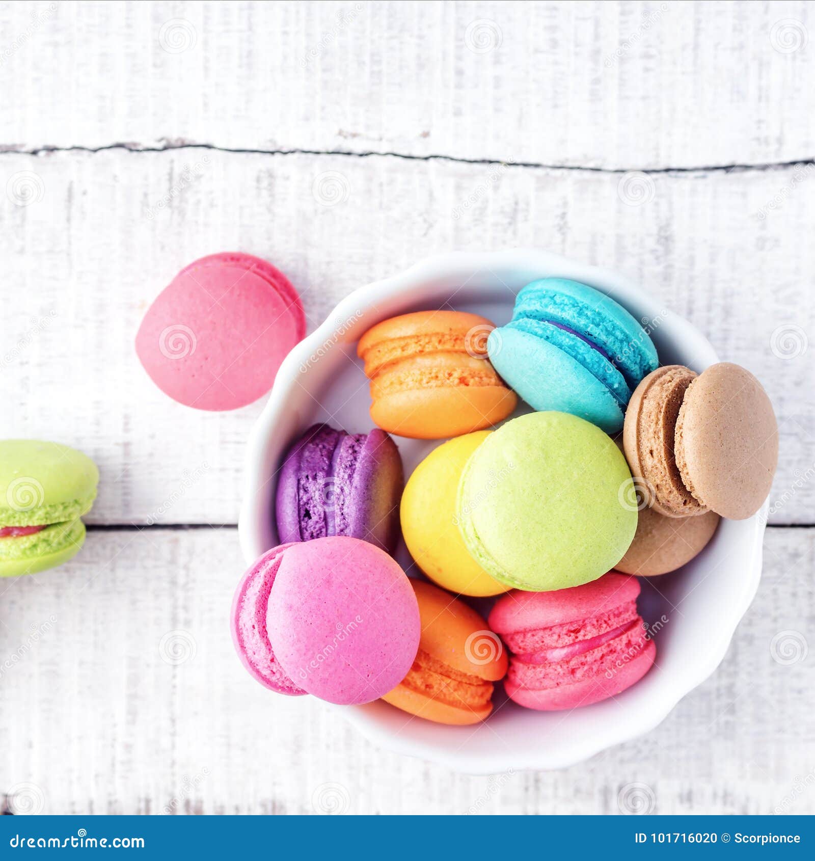 Top View Flat Lay Vibrant Colorful Macarons on White Wooden Table Stock ...