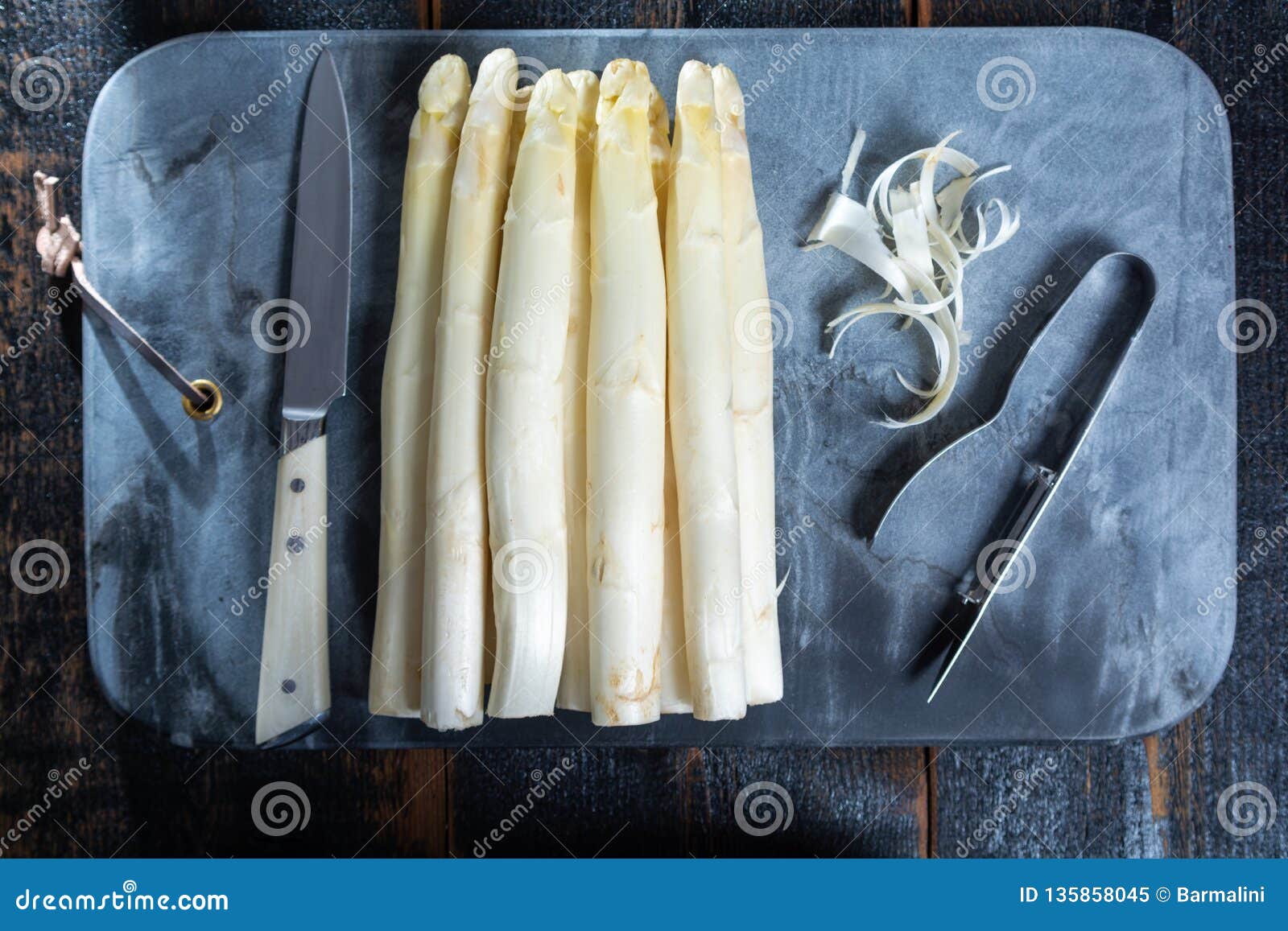 Top View, Fresh Tasty White Asparagus, Seasonal Vegetable, New Harvest,  with Piller and Knife, Ready To Cook Stock Image - Image of fresh, meal:  135858045
