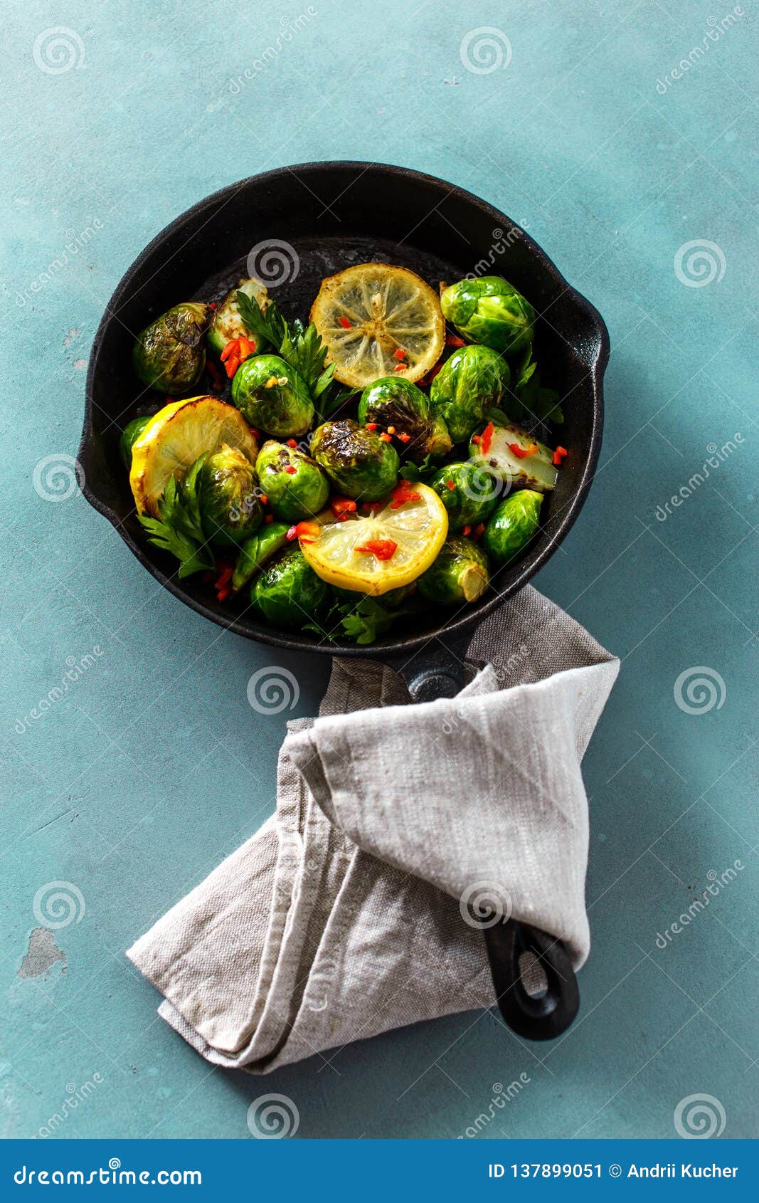Top View Fried Brussels Sprouts Served In Cast Iron Frying ...